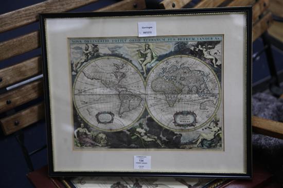 Pierre Vander. A coloured copper engraving, Map of the World, 35 x 26.5cm